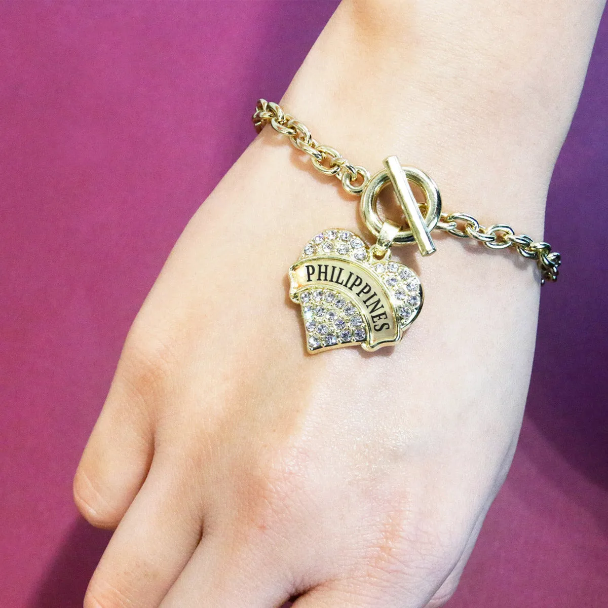 Gold Philippines Pave Heart Charm Toggle Bracelet