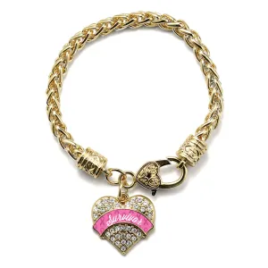 Gold Pink Survivor Pave Heart Charm Braided Bracelet