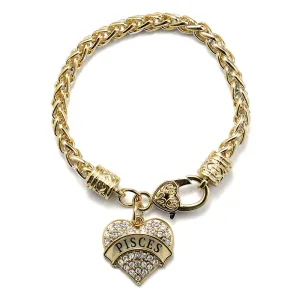 Gold Pisces Zodiac Pave Heart Charm Braided Bracelet