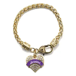 Gold Purple Survivor Pave Heart Charm Braided Bracelet