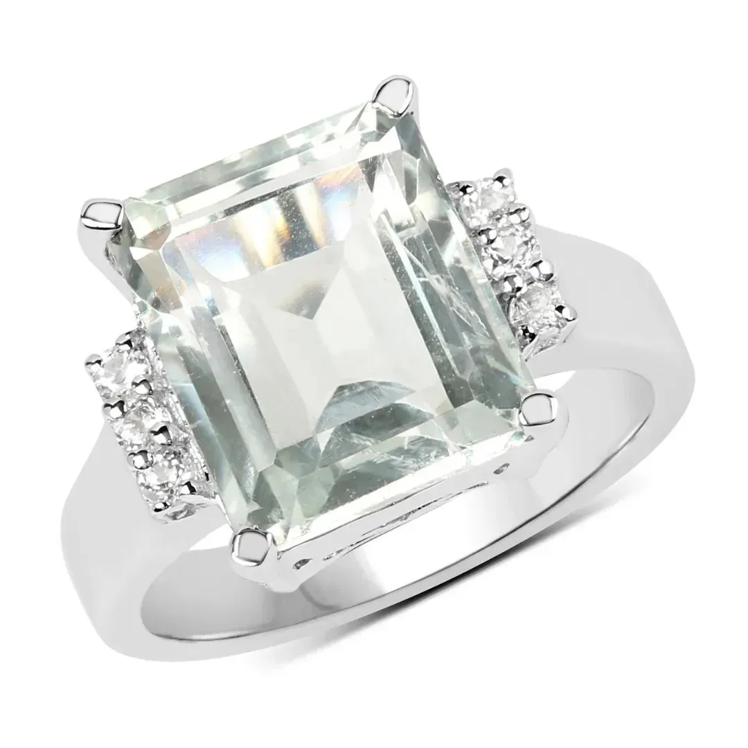 Green Amethyst and White Topaz Solitaire Sterling Silver Ring