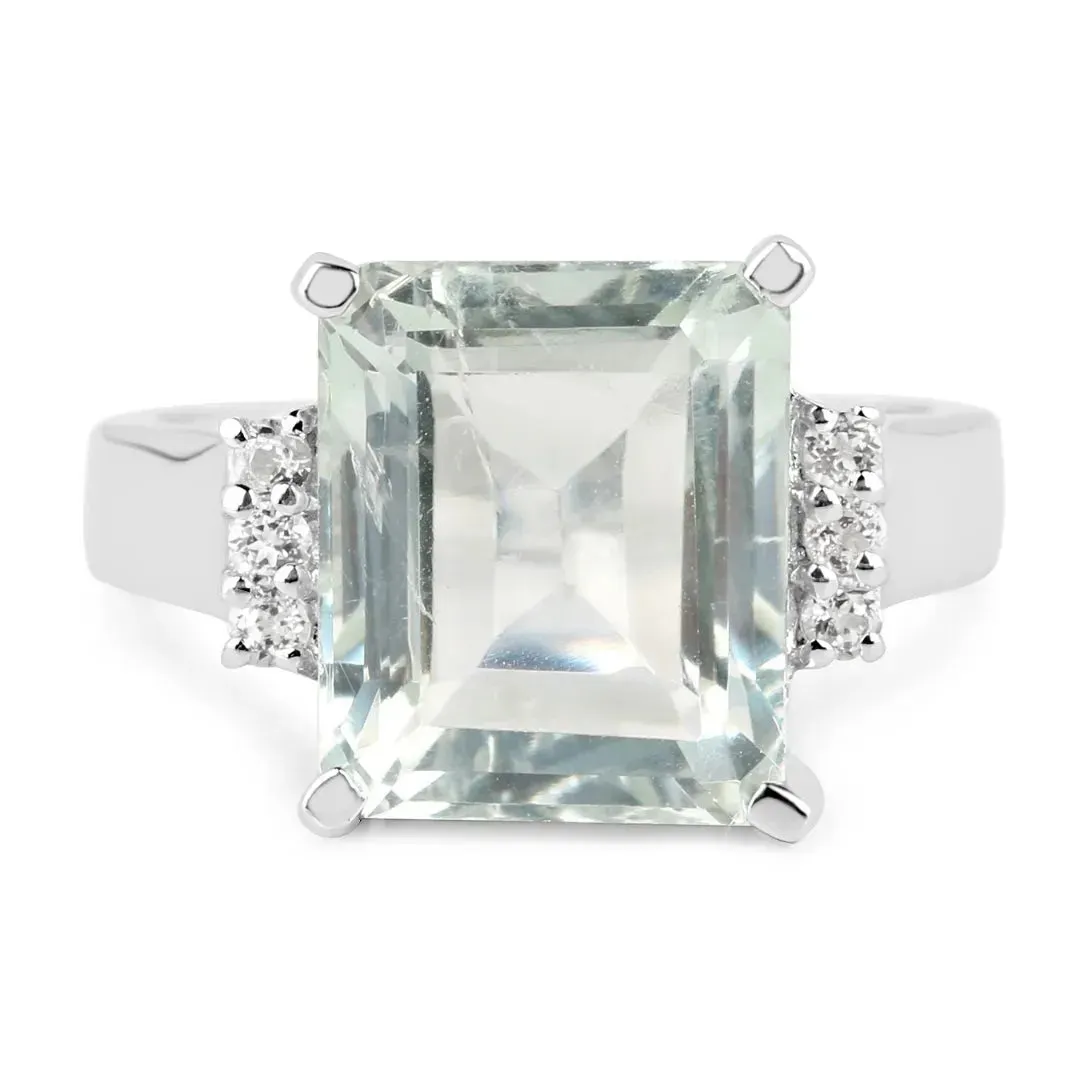 Green Amethyst and White Topaz Solitaire Sterling Silver Ring