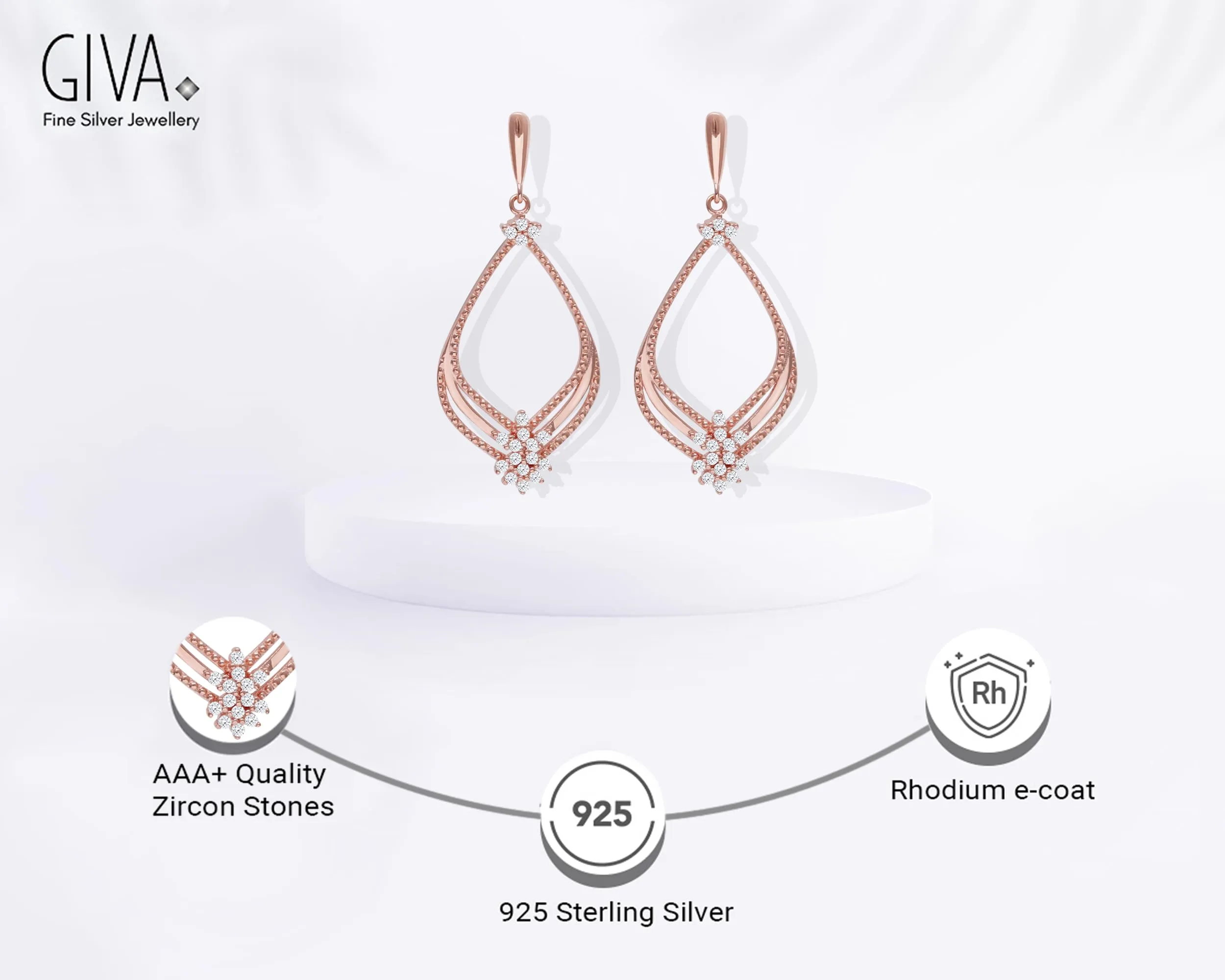 Hypoallergenic  Sterling Silver Rose Gold Princess Earrings (AAA  Quality Zirconia Stone)