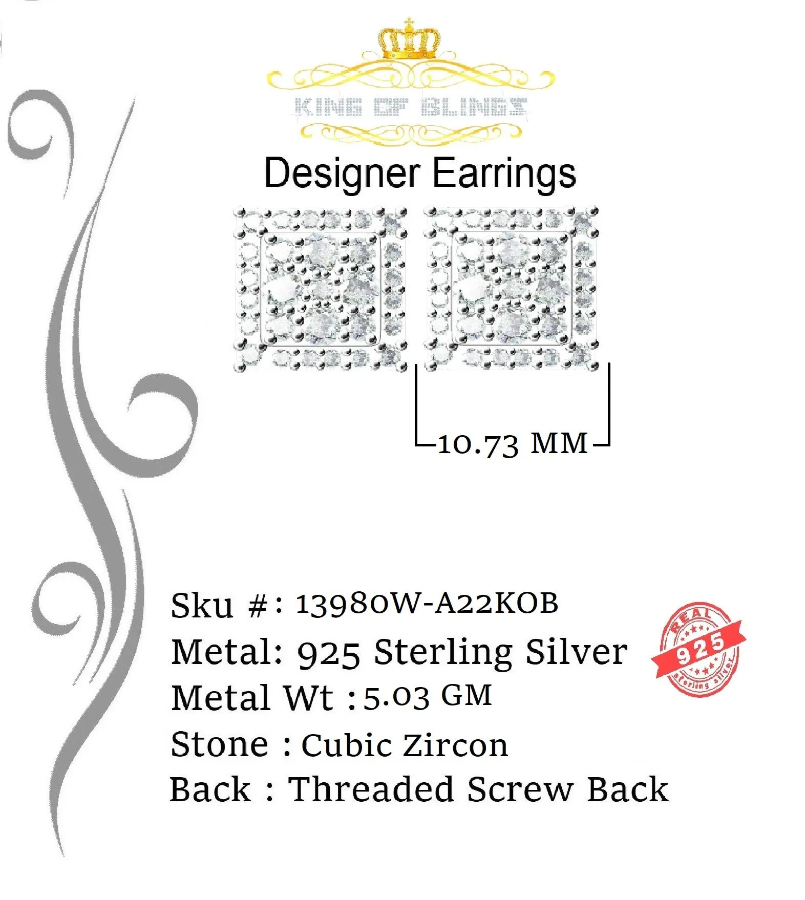 King of Blings- 925 White Sterling Silver 0.96ct Cubic Zirconia Women's & Men's Square Earrings