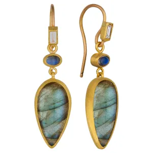 Lika Behar "Miro" Dangle Drop Earrings with Pear Labradorites & Rainbow Moonstones Silver & 24K Gold