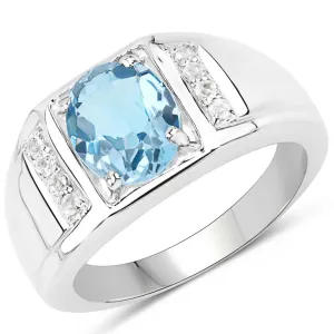 London Blue Topaz with White Topaz Solitaire Sterling Silver Unisex Ring