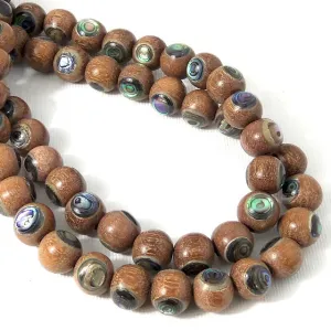Magkuno Wood Medium Brown with Abalone Shell Inlay Round 10mm (8 Inch Strand)