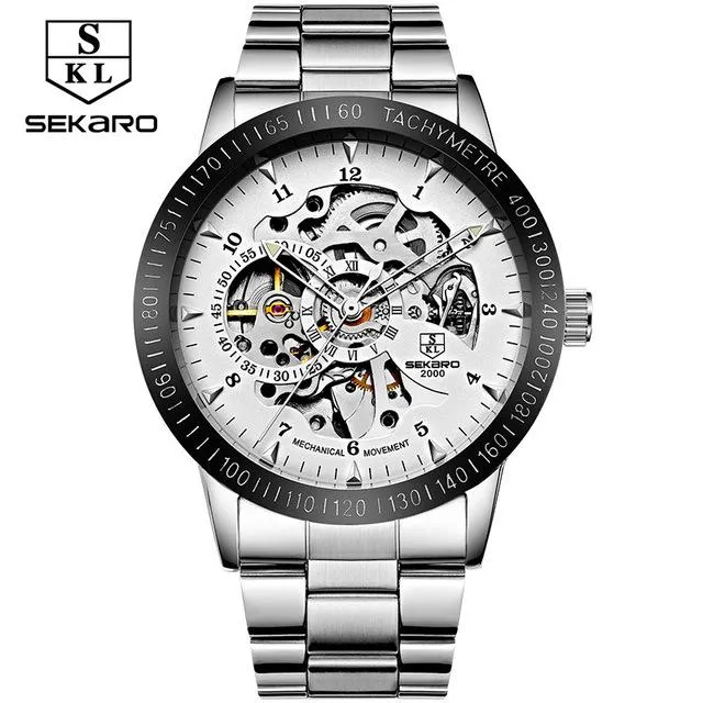 Matte Black Stainless Steel Mechanical Skeleton Watch