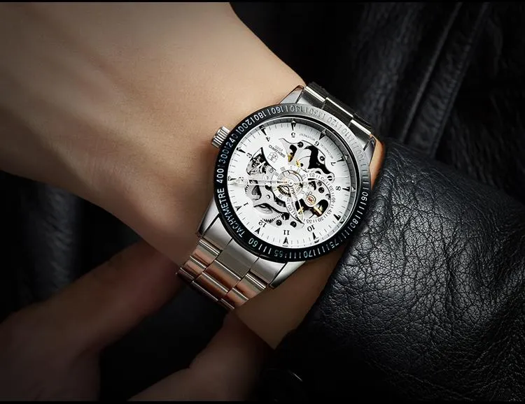 Matte Black Stainless Steel Mechanical Skeleton Watch