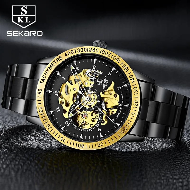Matte Black Stainless Steel Mechanical Skeleton Watch