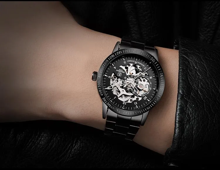 Matte Black Stainless Steel Mechanical Skeleton Watch