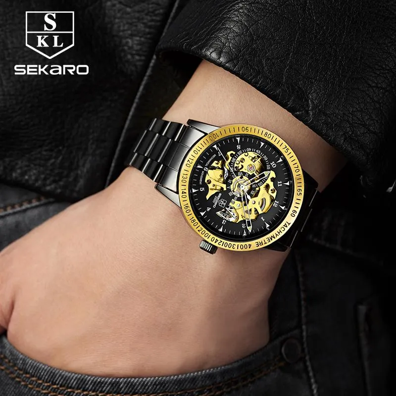 Matte Black Stainless Steel Mechanical Skeleton Watch