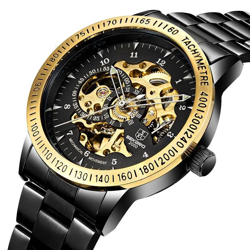 Matte Black Stainless Steel Mechanical Skeleton Watch
