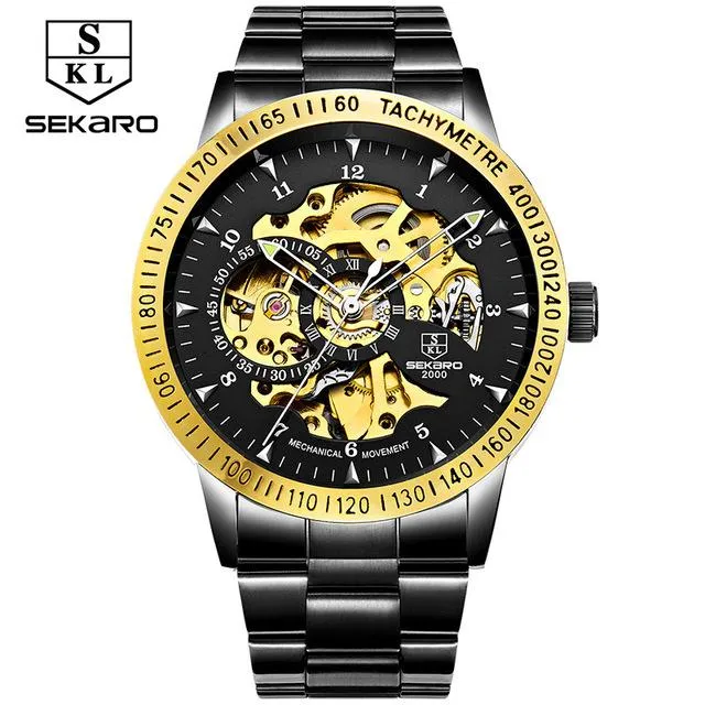Matte Black Stainless Steel Mechanical Skeleton Watch