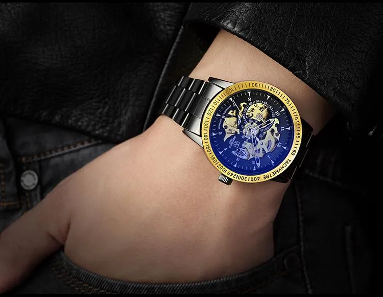 Matte Black Stainless Steel Mechanical Skeleton Watch
