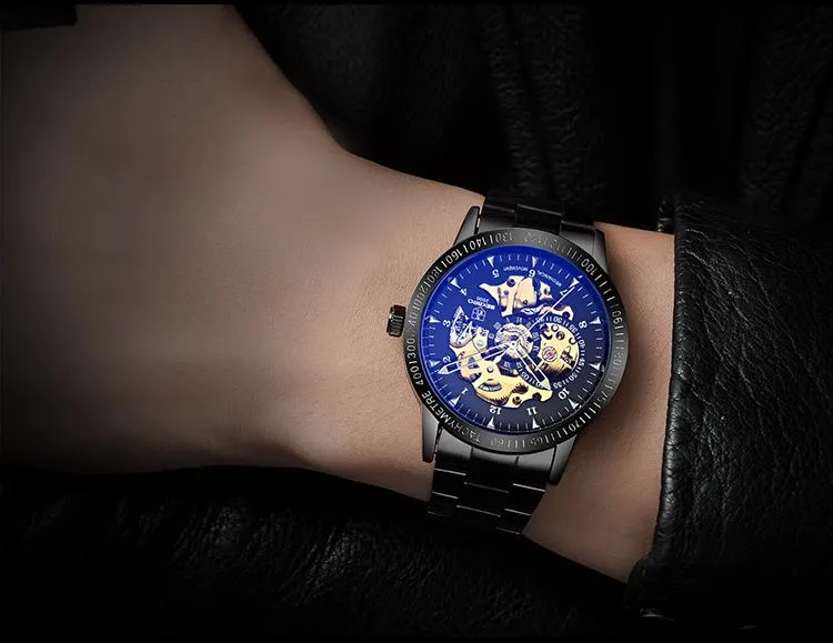 Matte Black Stainless Steel Mechanical Skeleton Watch