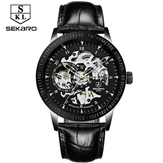 Matte Black Stainless Steel Mechanical Skeleton Watch
