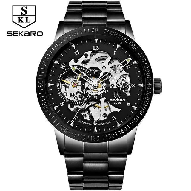 Matte Black Stainless Steel Mechanical Skeleton Watch