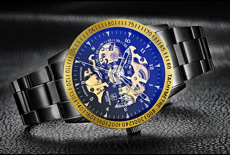 Matte Black Stainless Steel Mechanical Skeleton Watch