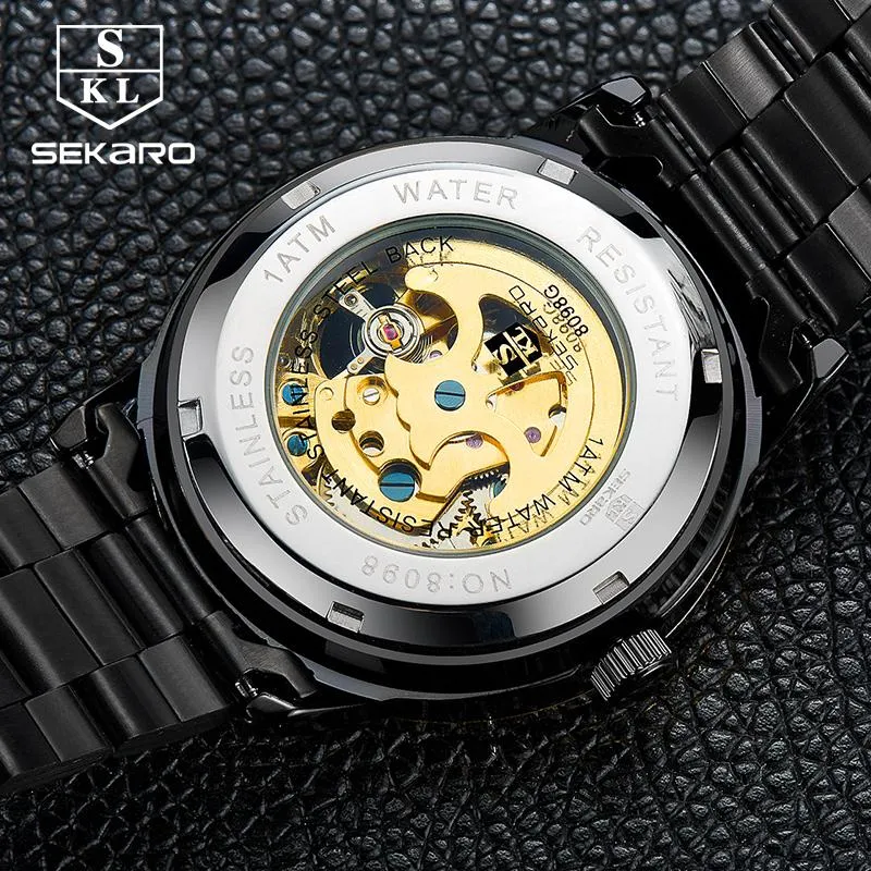 Matte Black Stainless Steel Mechanical Skeleton Watch