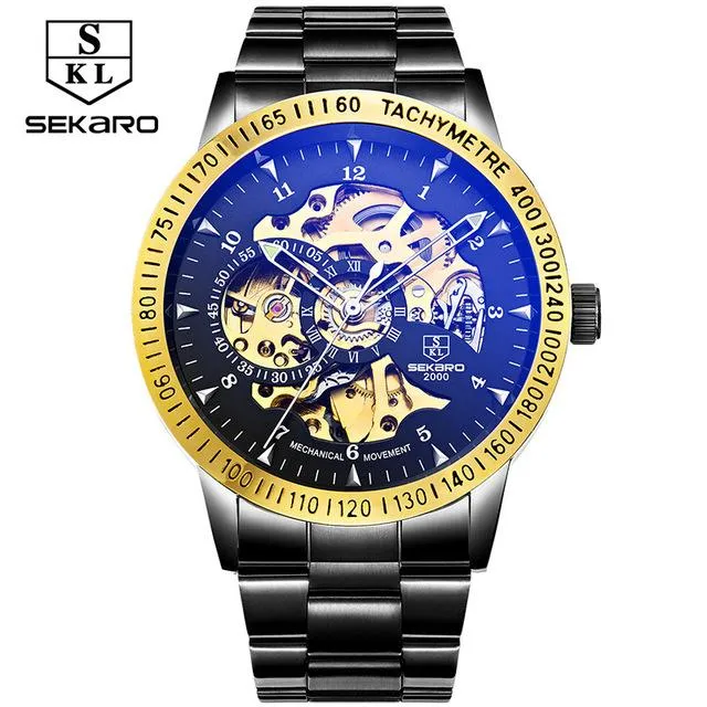 Matte Black Stainless Steel Mechanical Skeleton Watch
