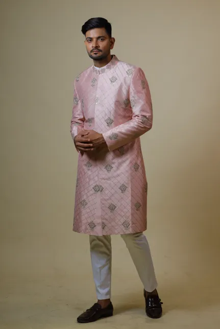 Men's Light Coral Embroidered Designer Sherwani - Hilo Design
