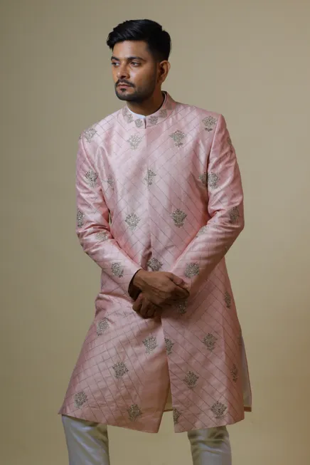 Men's Light Coral Embroidered Designer Sherwani - Hilo Design