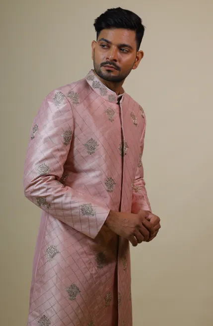 Men's Light Coral Embroidered Designer Sherwani - Hilo Design