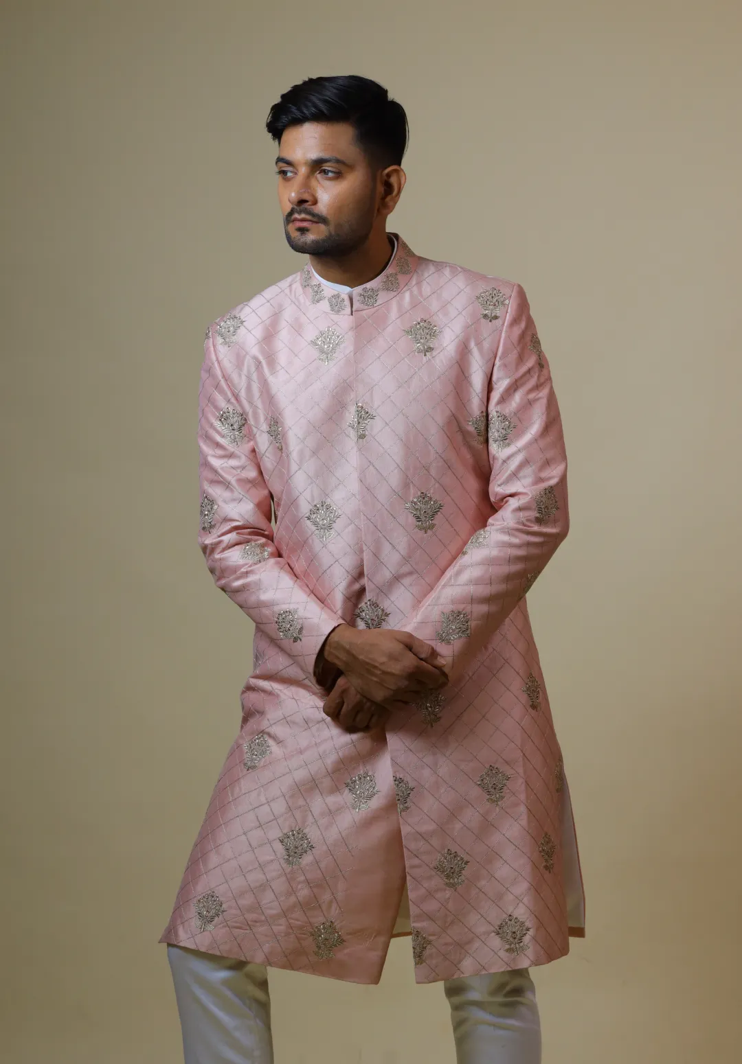 Men's Light Coral Embroidered Designer Sherwani - Hilo Design