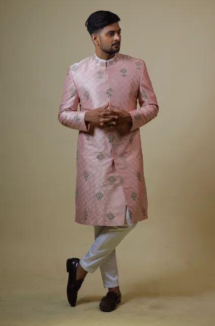 Men's Light Coral Embroidered Designer Sherwani - Hilo Design