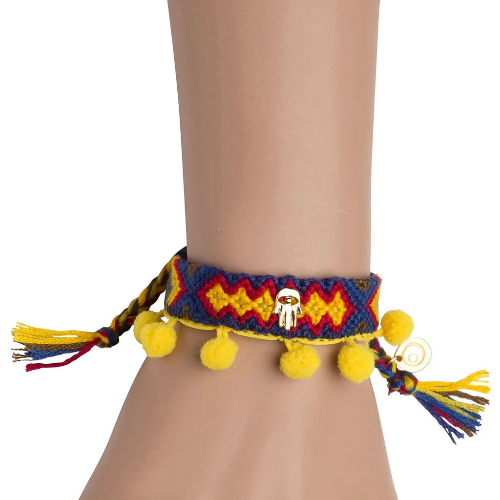 Mini Hamsa Hand Charm Pompom Midi Friendship Bracelet