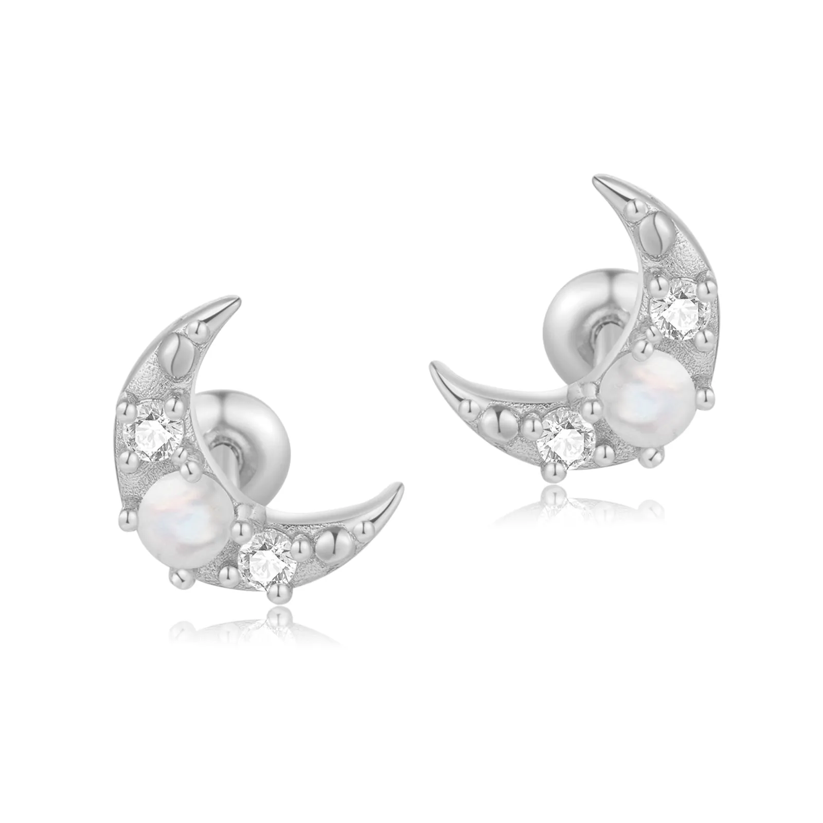 Moonstone Silver Moon Stud Earrings - Mona
