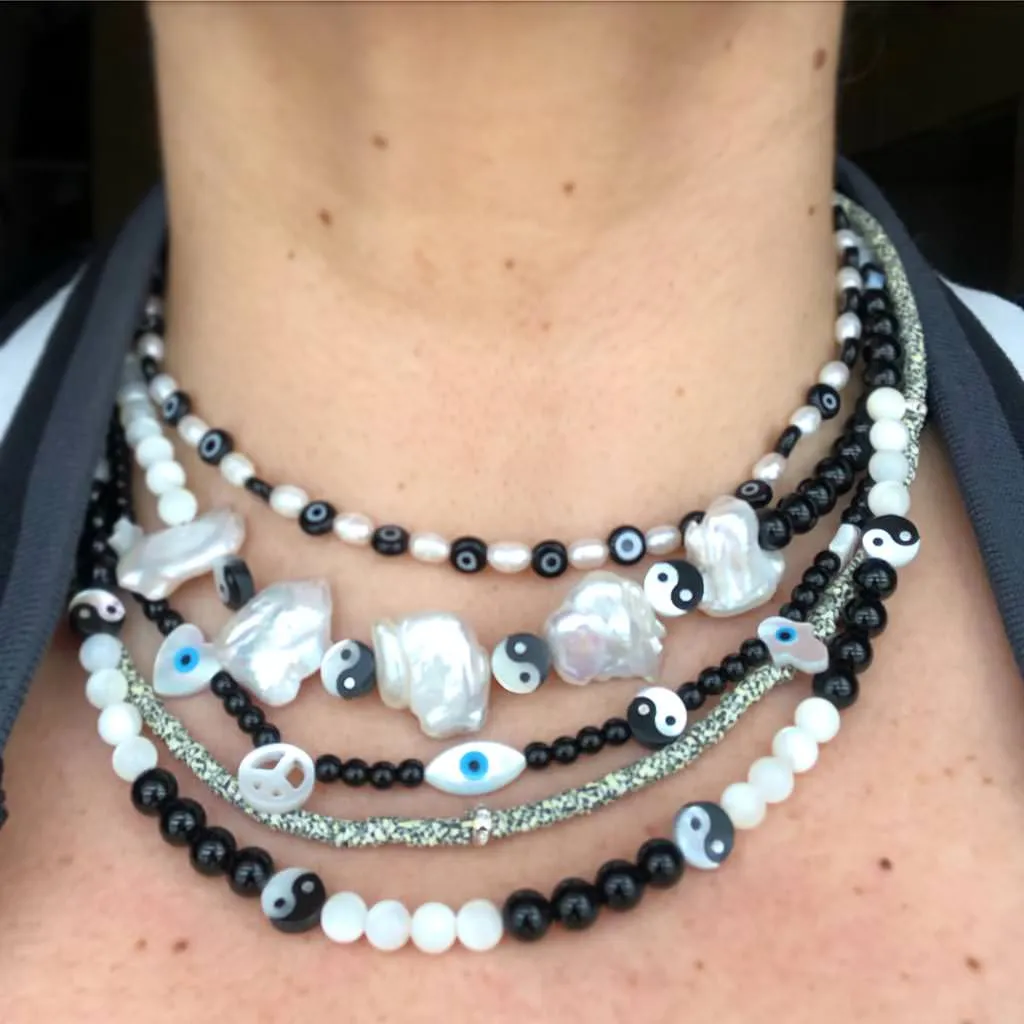 Mother of Pearl Symboleyes Glass Bead Necklace