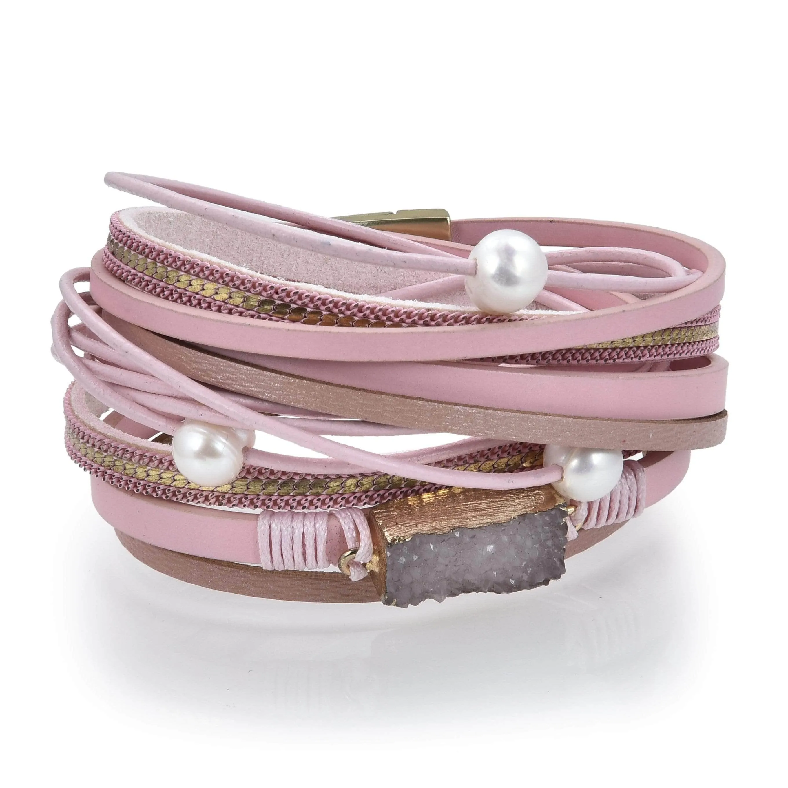 Multiple Strand Geode Pink Bracelet with Magnetic Clasp