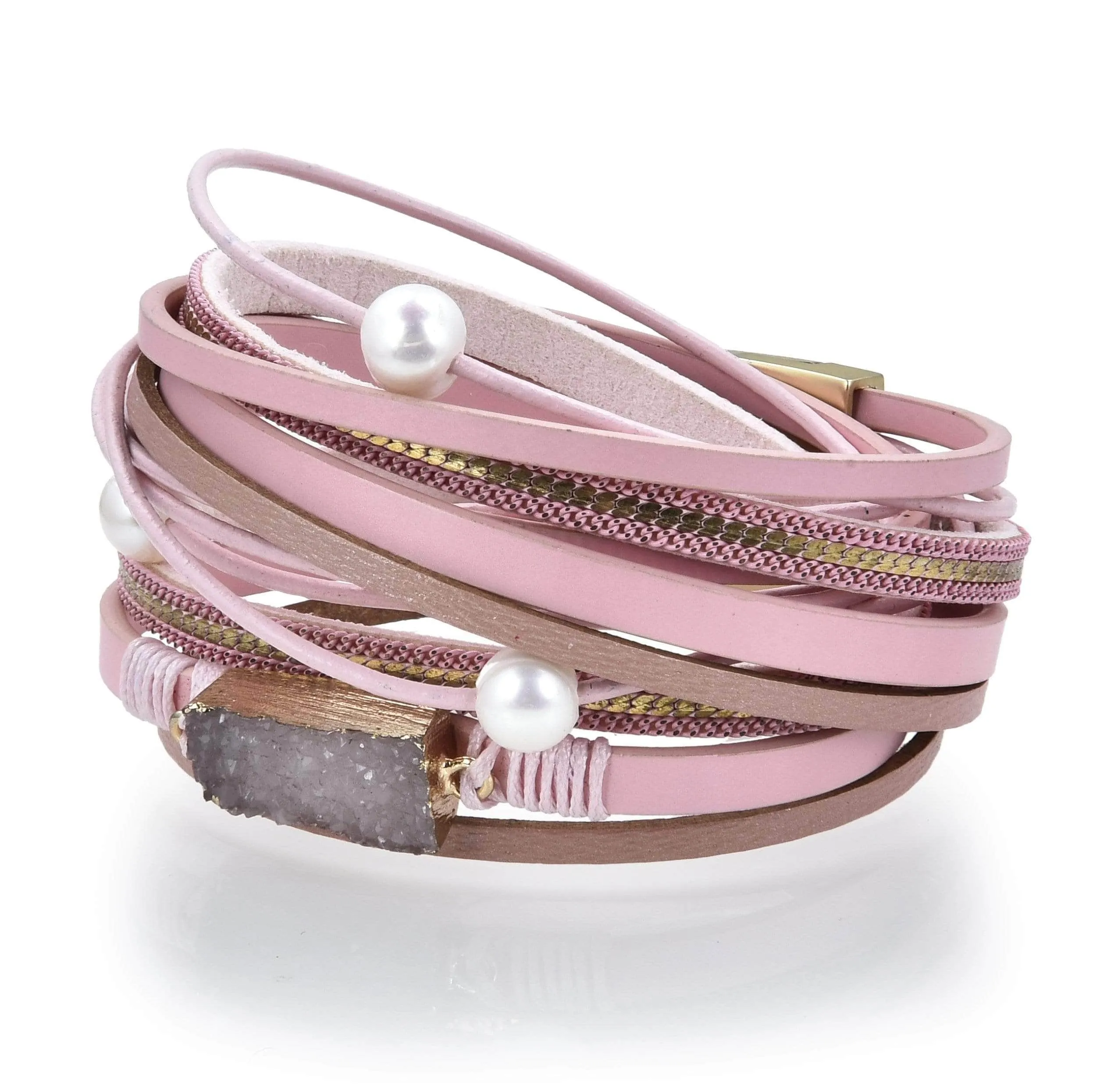 Multiple Strand Geode Pink Bracelet with Magnetic Clasp