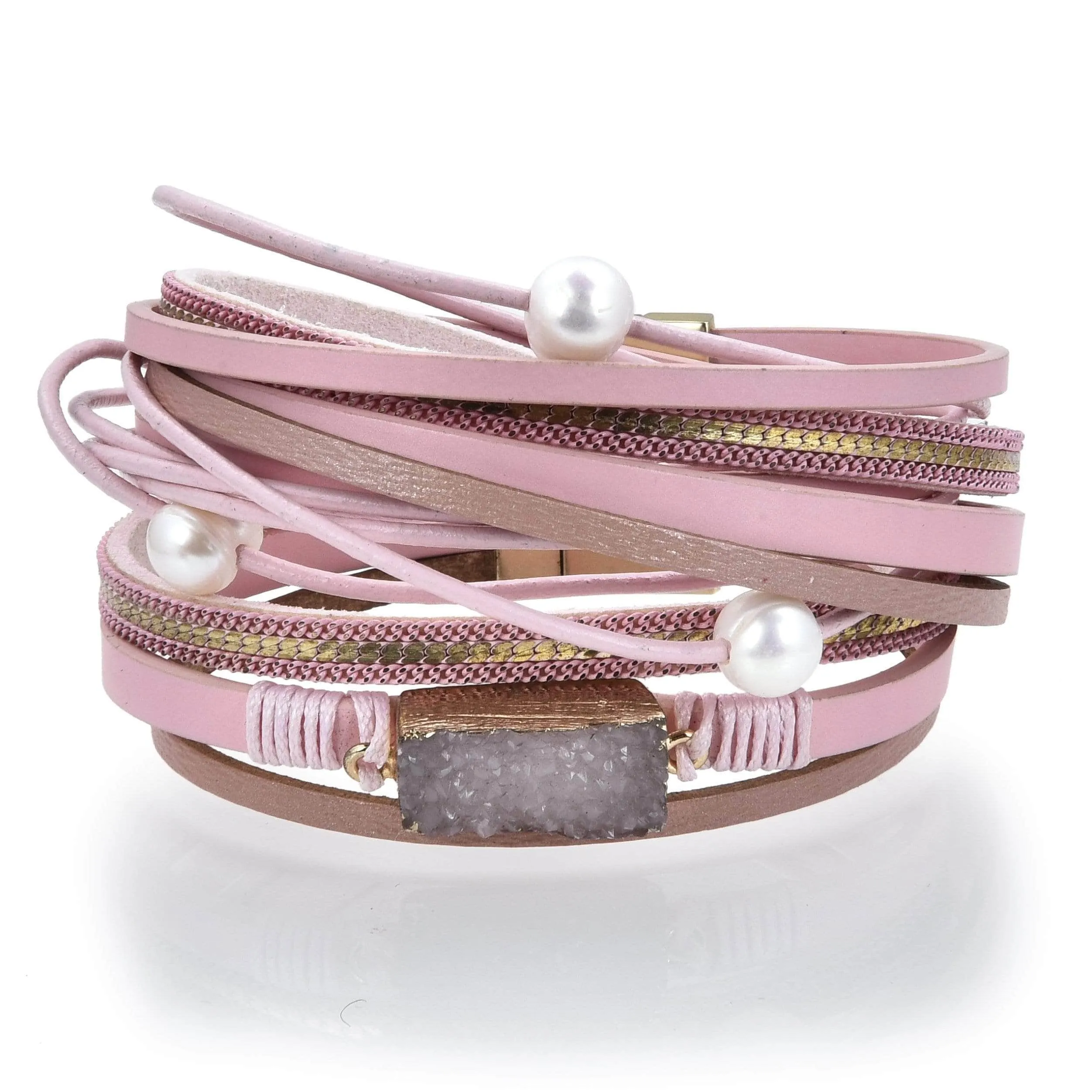 Multiple Strand Geode Pink Bracelet with Magnetic Clasp