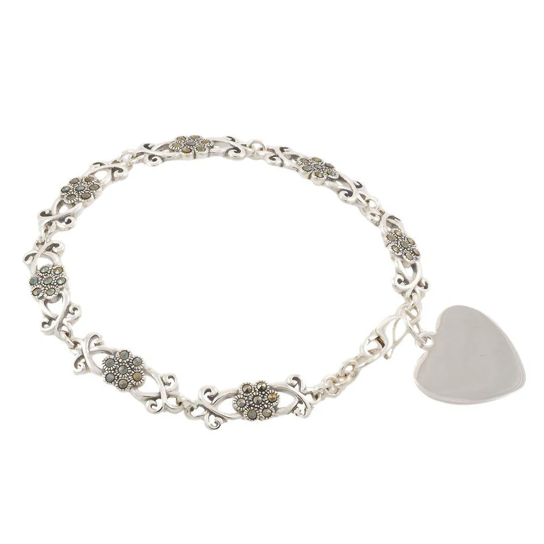 Personalised Silver Flower Heart Marcasite Bracelet