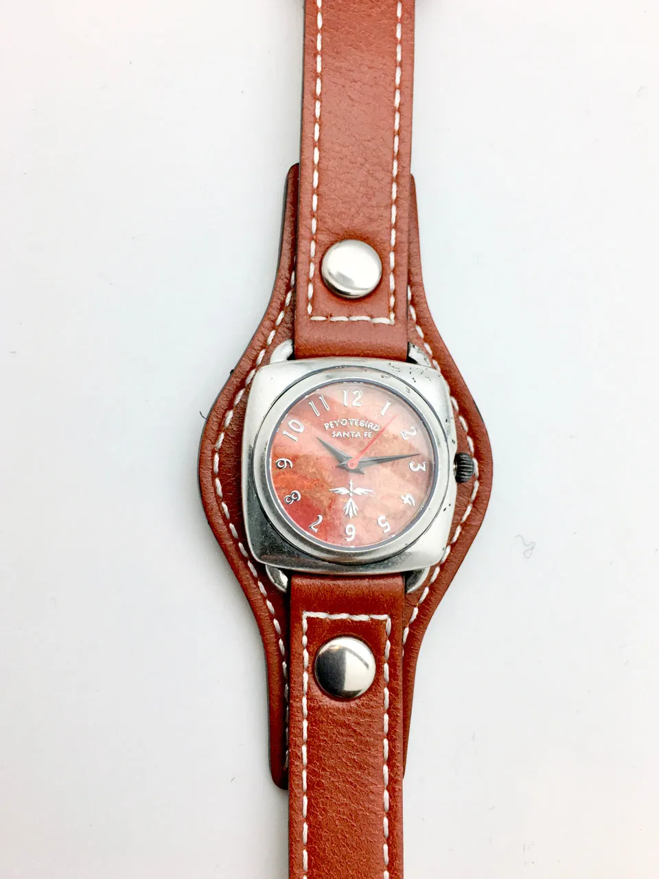 Peyote Bird Coral Face Watch on Chestnut Leather Cuff Band
