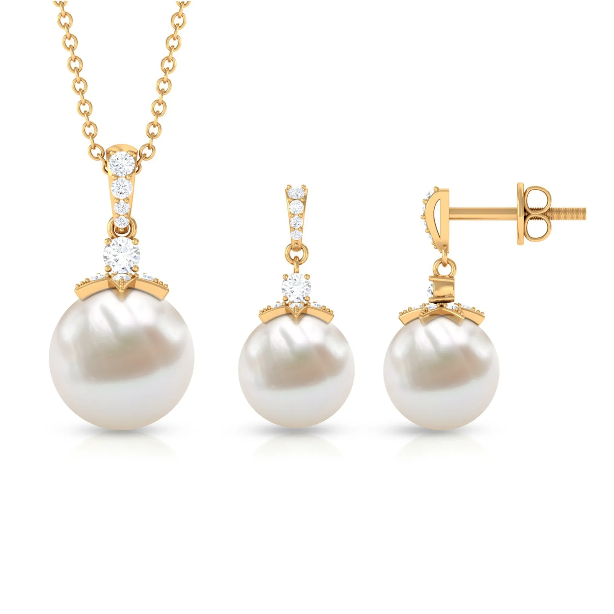 Real Freshwater Pearl and Diamond Drop Pendant and Earrings Set