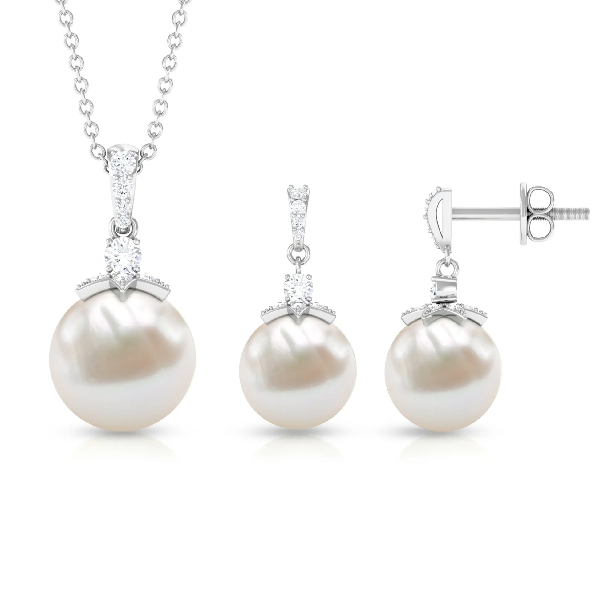 Real Freshwater Pearl and Diamond Drop Pendant and Earrings Set