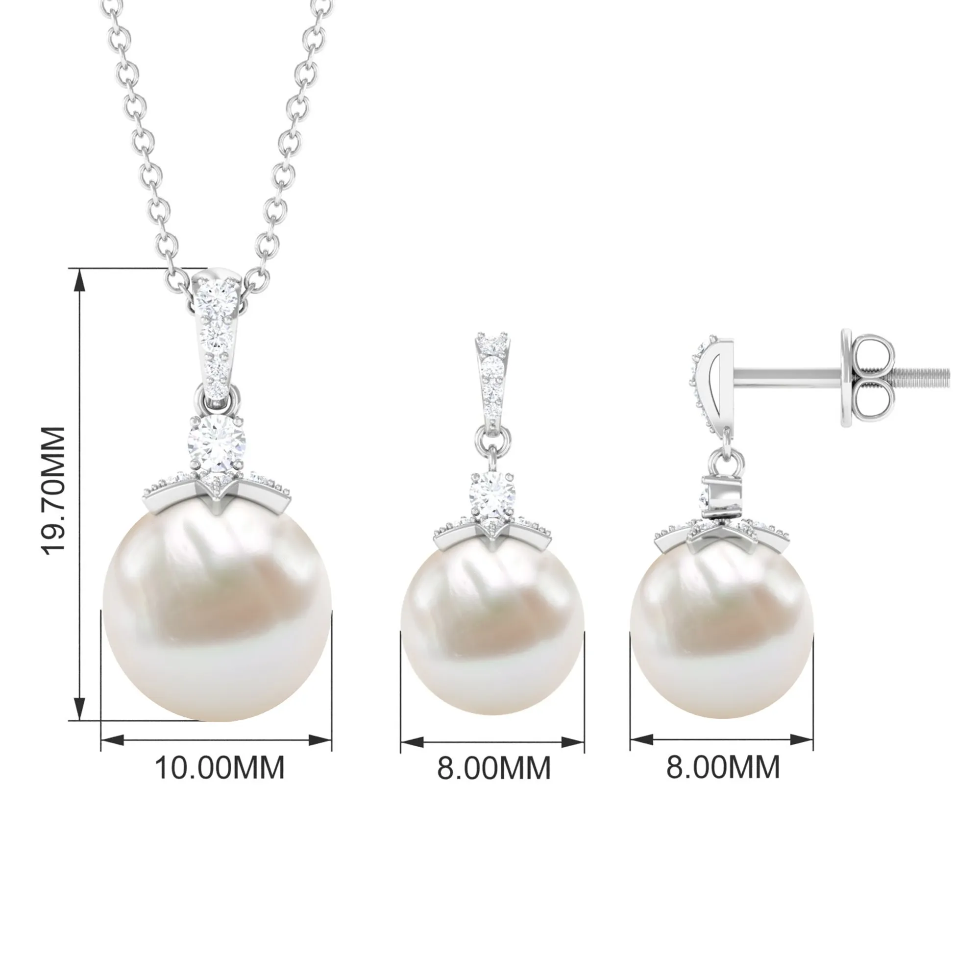Real Freshwater Pearl and Diamond Drop Pendant and Earrings Set