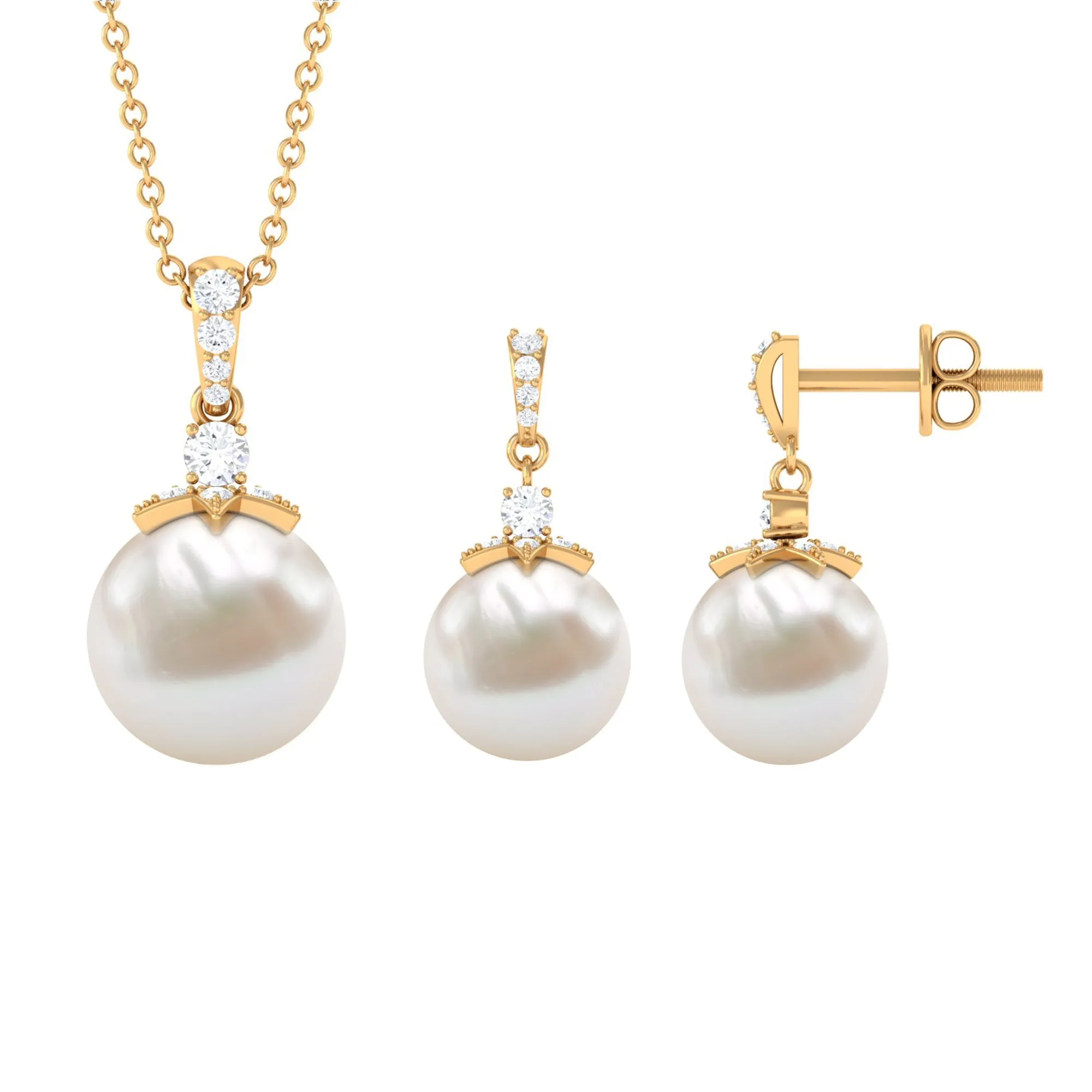 Real Freshwater Pearl and Diamond Drop Pendant and Earrings Set