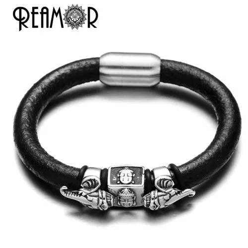 REAMOR 2017 Exoticism Design Thailand Ganesha Buddhism Genuine Leather Stainless Steel Bead Bracelet &amp; Bangle with Magnet Clasp