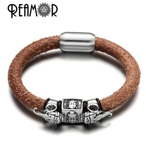 REAMOR 2017 Exoticism Design Thailand Ganesha Buddhism Genuine Leather Stainless Steel Bead Bracelet &amp; Bangle with Magnet Clasp