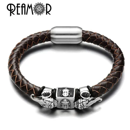 REAMOR 2017 Exoticism Design Thailand Ganesha Buddhism Genuine Leather Stainless Steel Bead Bracelet &amp; Bangle with Magnet Clasp