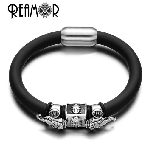 REAMOR 2017 Exoticism Design Thailand Ganesha Buddhism Genuine Leather Stainless Steel Bead Bracelet &amp; Bangle with Magnet Clasp