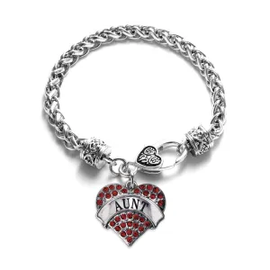 Silver Aunt Red Red Pave Heart Charm Braided Bracelet