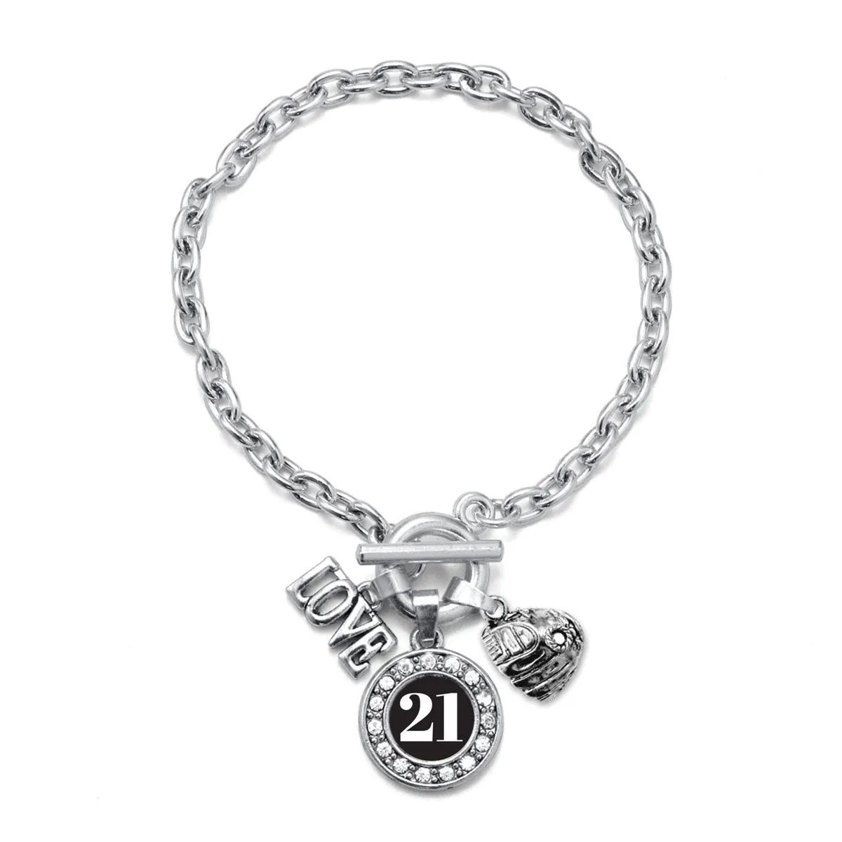 Silver Baseball Glove - Sports Number 21 Circle Charm Toggle Bracelet