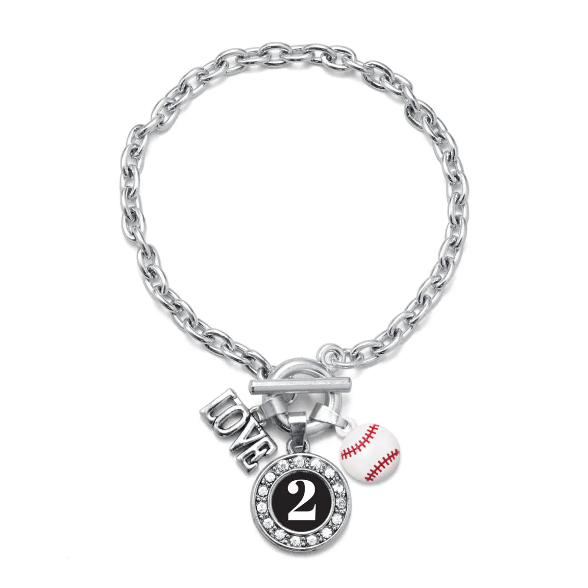 Silver Baseball - Sports Number 2 Circle Charm Toggle Bracelet
