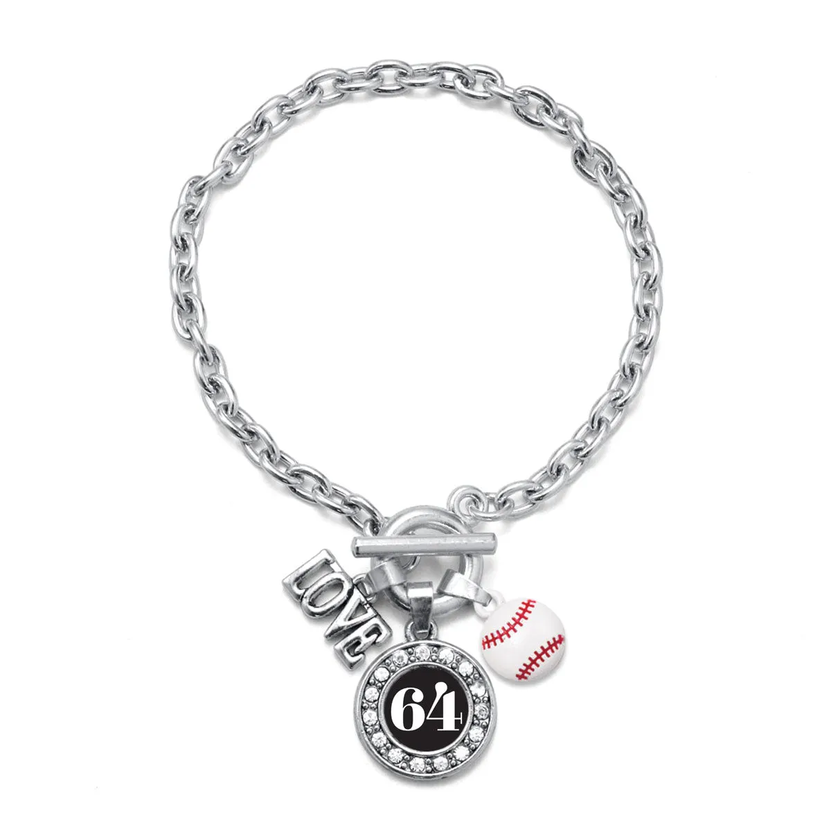 Silver Baseball - Sports Number 64 Circle Charm Toggle Bracelet